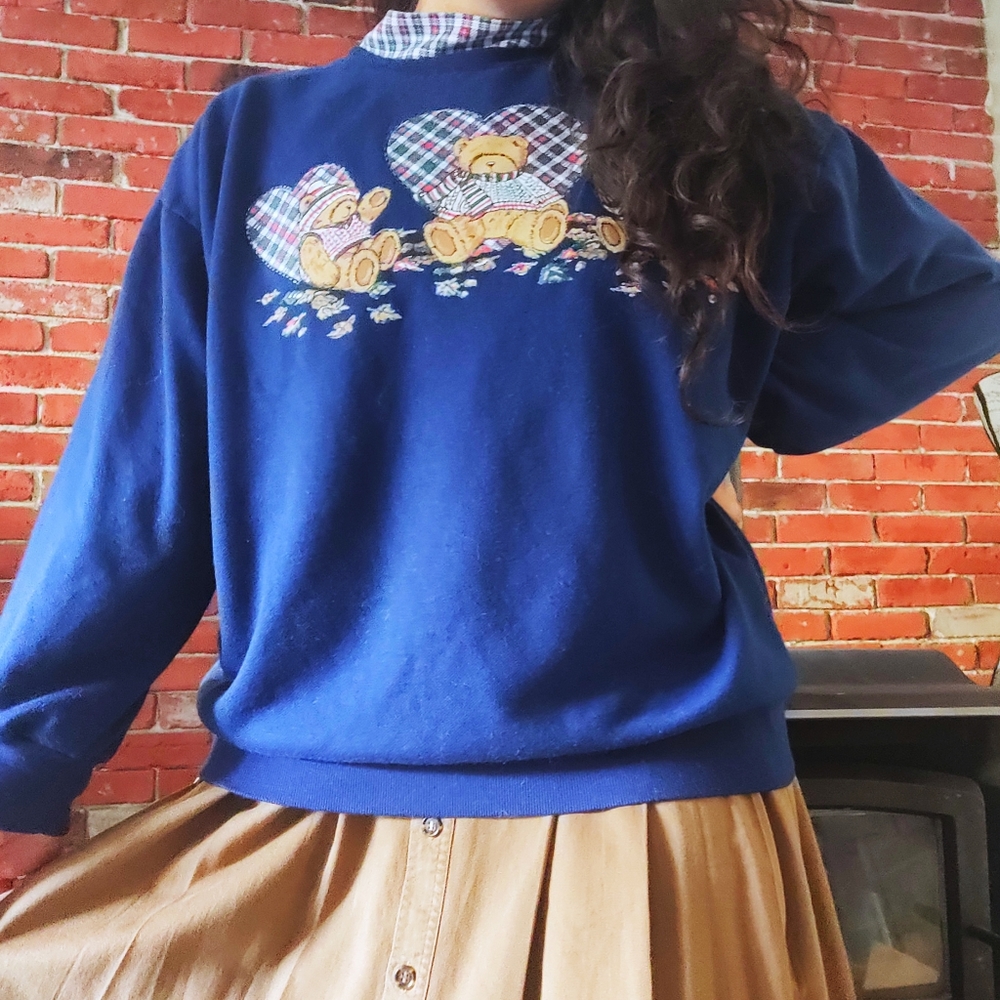 💙SOLD💙 VINTAGE 80s Teddy Bear Plaid Mock Neck Navy Crewneck Sweater XXL - Picture 2 of 9